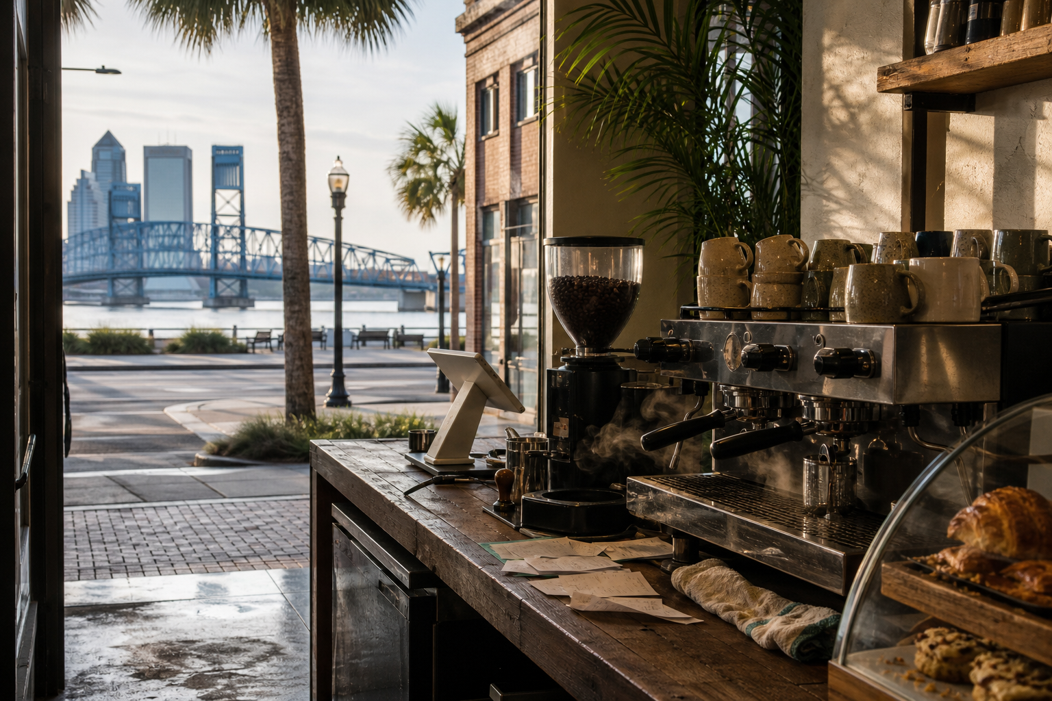 Independent Florida coffee shop interior, warm morning light, espresso machine on the bar