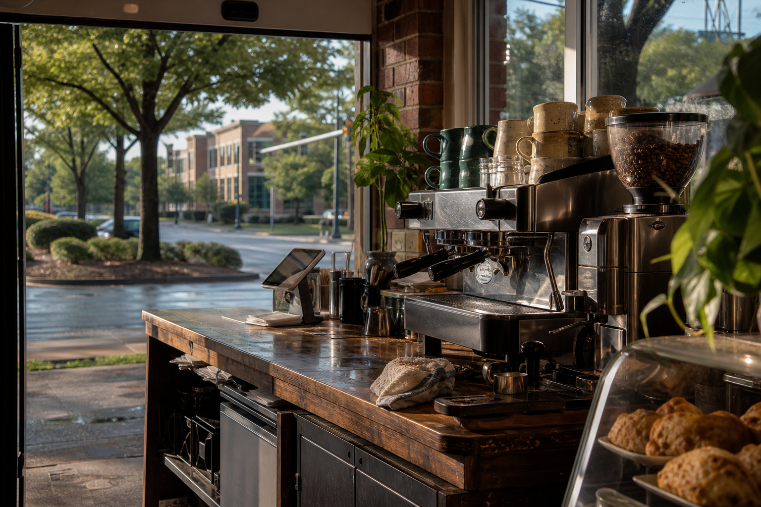 Independent Johns Creek coffee shop interior with red-clay morning light, drip station in the middle distance