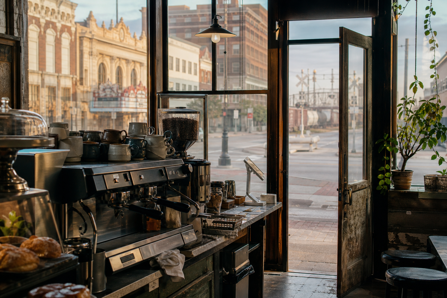 Independent Joliet coffee shop interior with Midwest hardwood morning light, pastry case in the corner