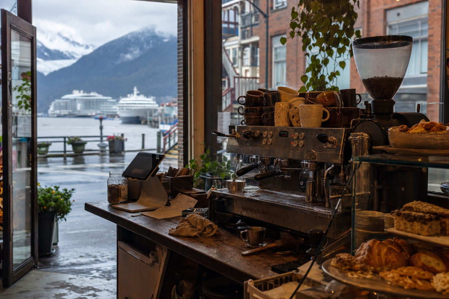 Independent Juneau coffee shop interior with fog-filtered coastal morning light, chemex pour-over in the corner