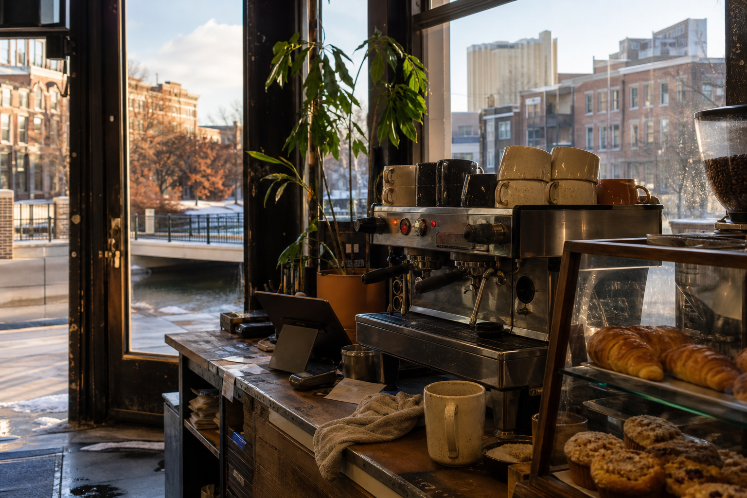 Independent Kalamazoo coffee shop interior with Great Lakes morning light, chemex pour-over in the corner