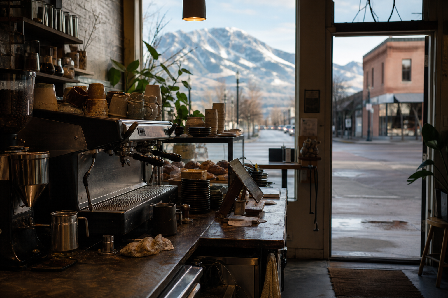 Independent Kalispell coffee shop interior with Rocky Mountain morning light, drip station in the corner