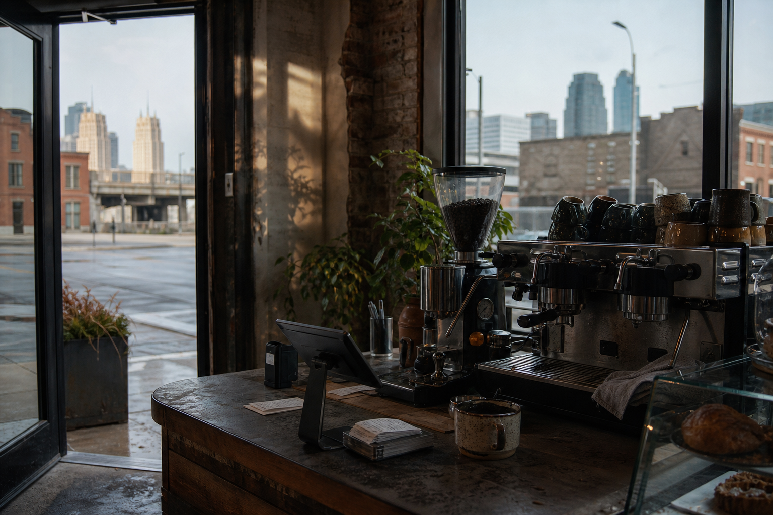 Independent Kansas City coffee shop interior with prairie morning light, pastry case in the corner