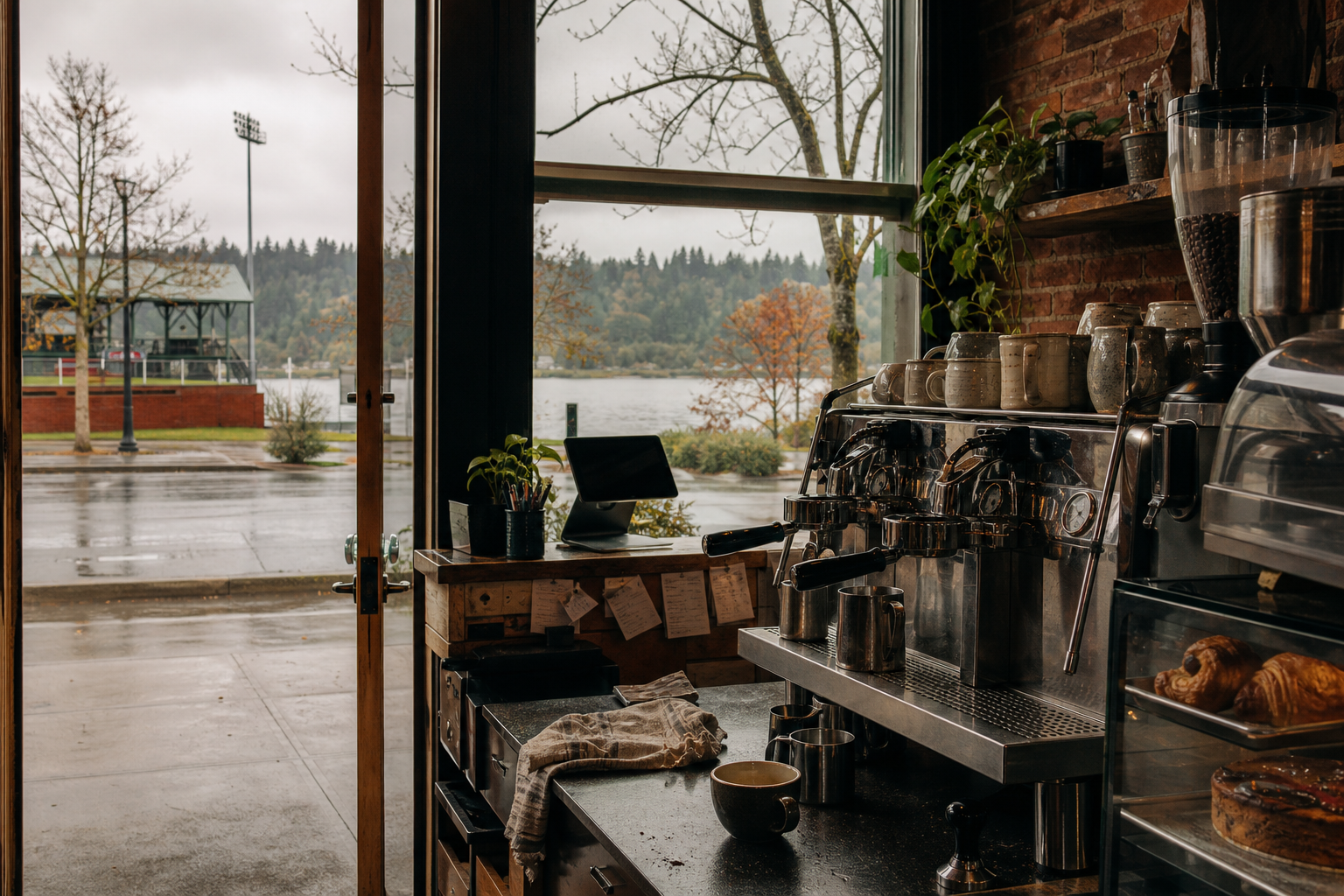 Independent Keizer coffee shop interior with fog-filtered morning light, chemex pour-over in the middle distance