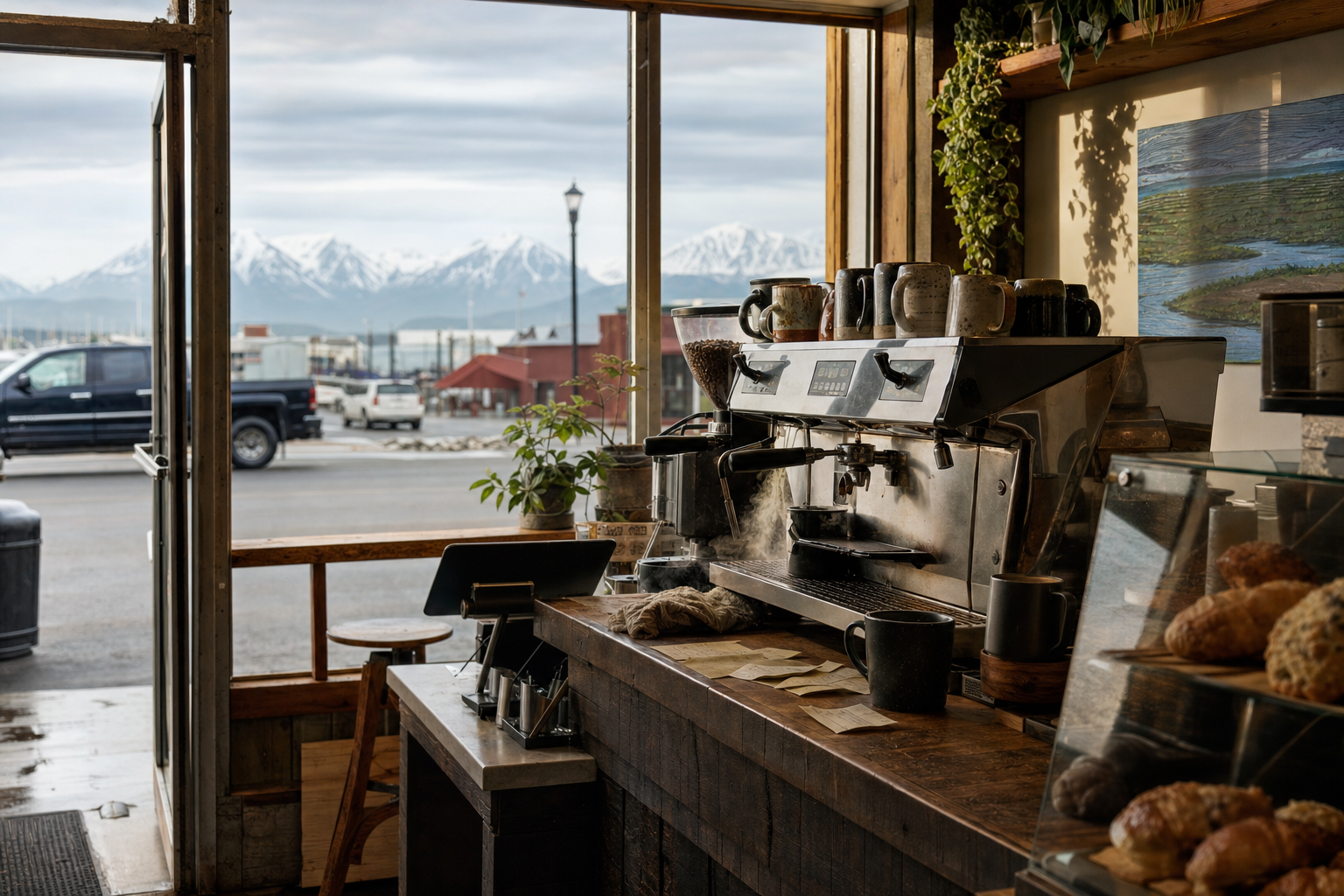 Independent Kenai coffee shop interior with fog-filtered coastal morning light, espresso machine in the foreground