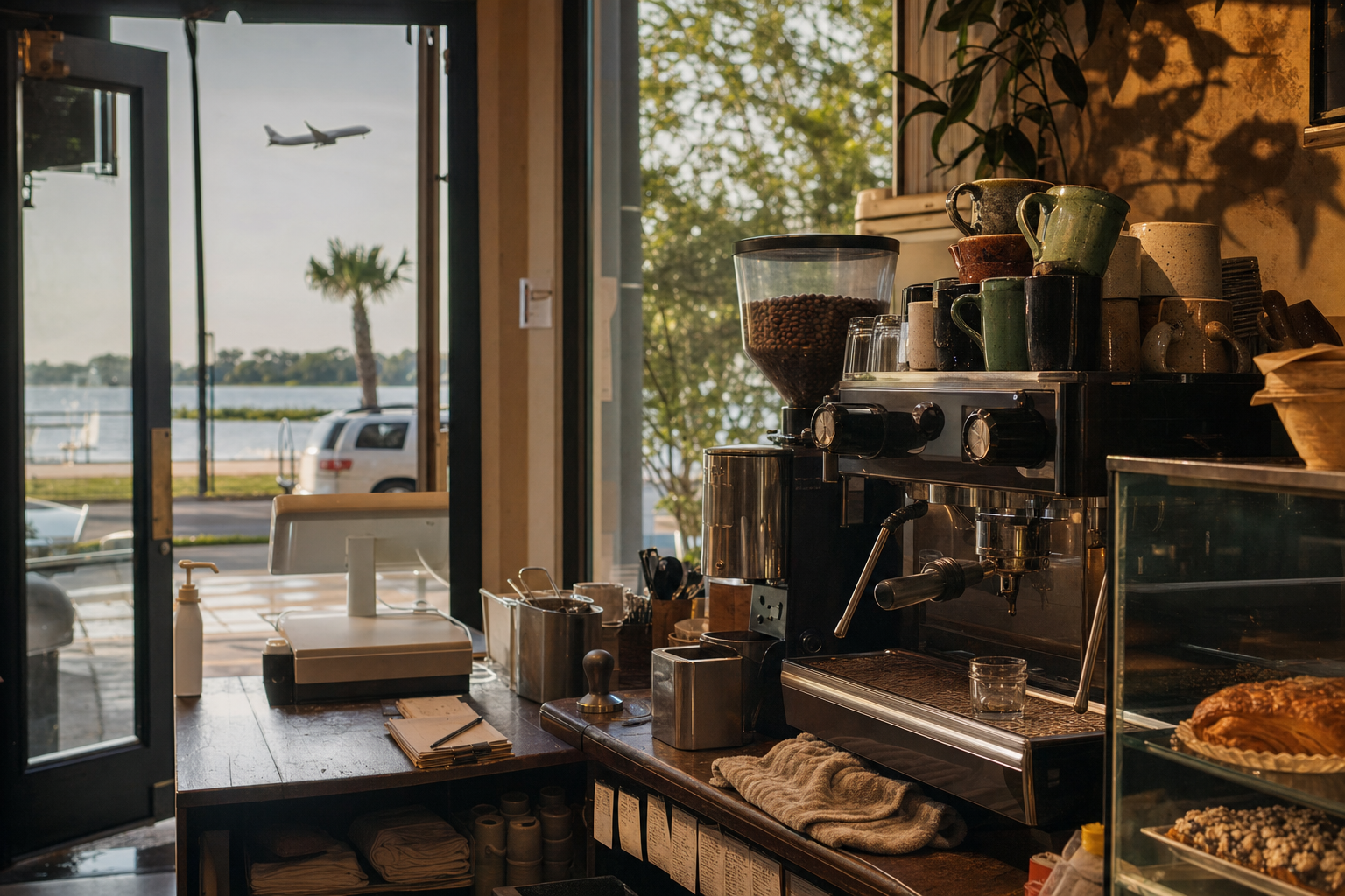 Independent Kenner coffee shop interior with humid Gulf morning light, pastry case in the foreground