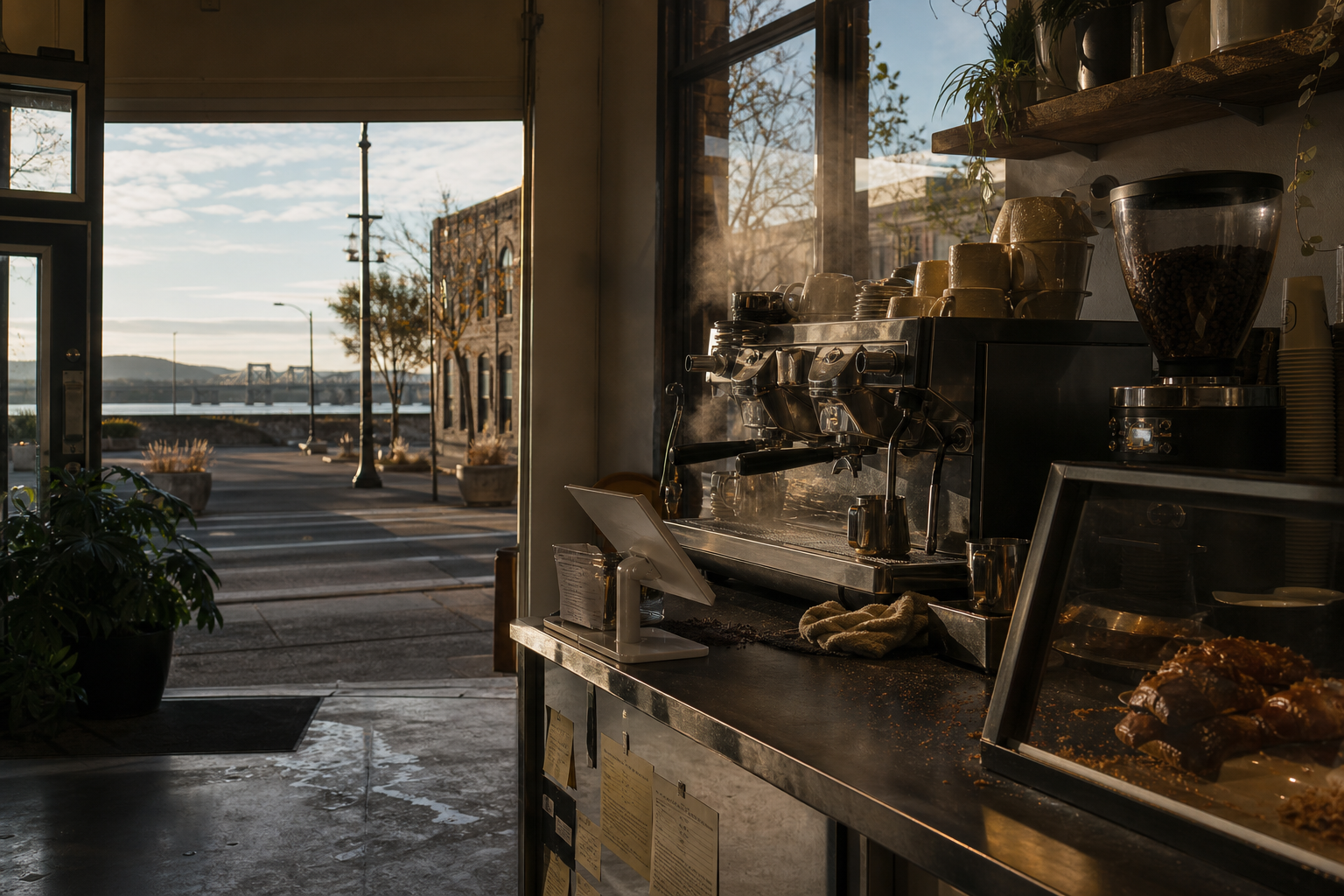 Kennewick coffee shop interior with WA morning light around the espresso bar.