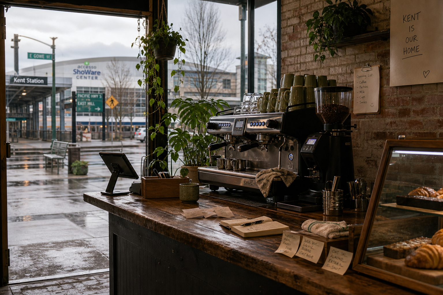 Independent Kent coffee shop interior with fog-filtered morning light, pastry case in the foreground