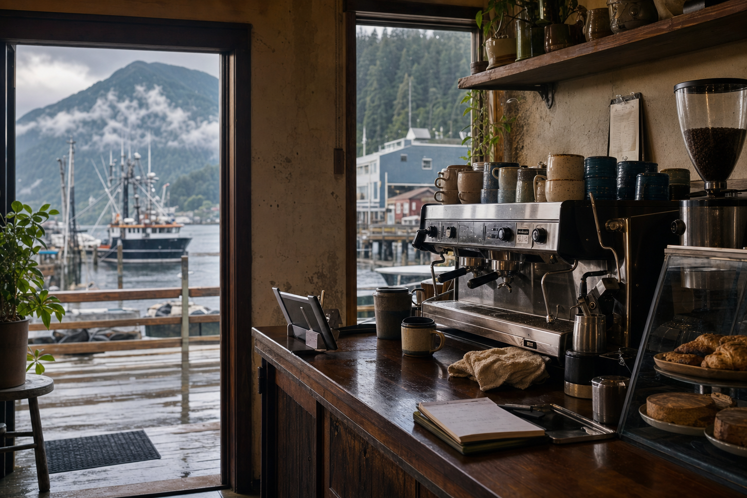Independent Ketchikan coffee shop interior with fog-filtered coastal morning light, drip station in the foreground