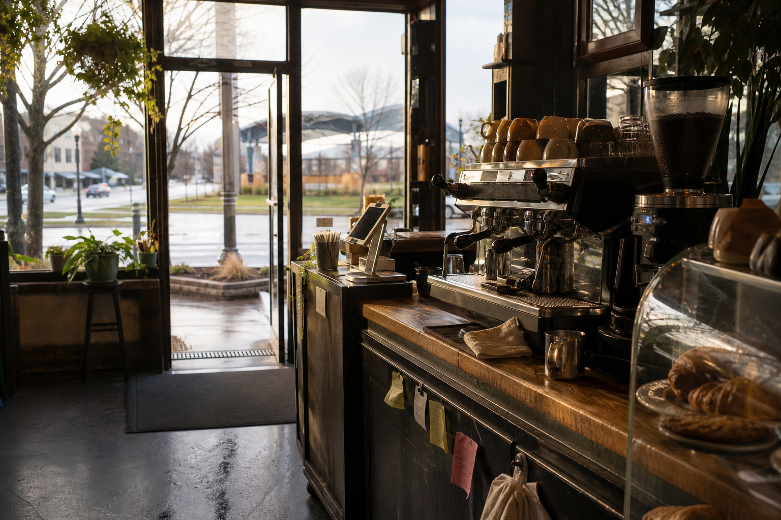 Independent Kettering coffee shop interior with Midwest hardwood morning light, chemex pour-over in the middle distance