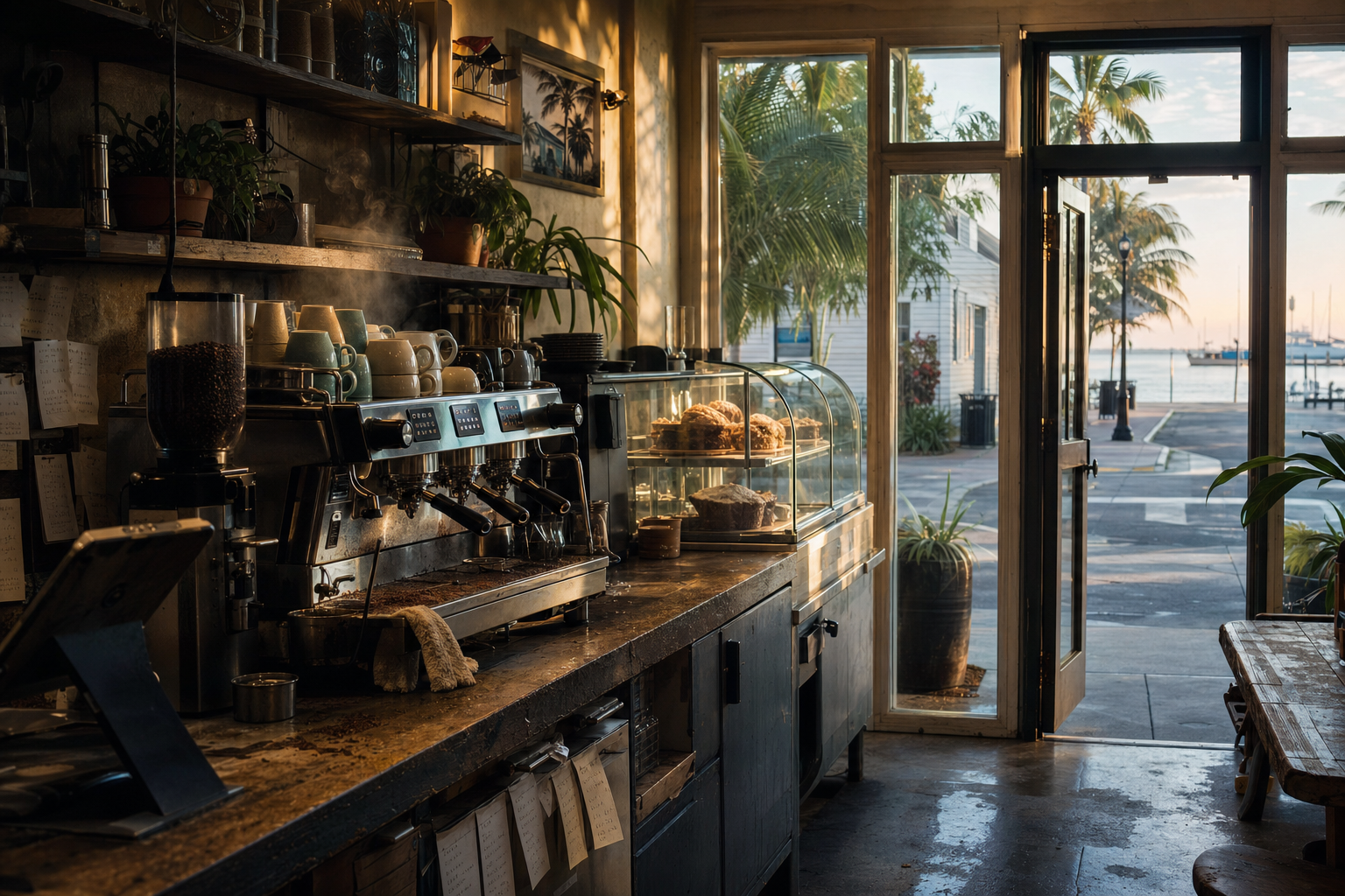 Key West coffee shop interior with FL morning light around the espresso bar.