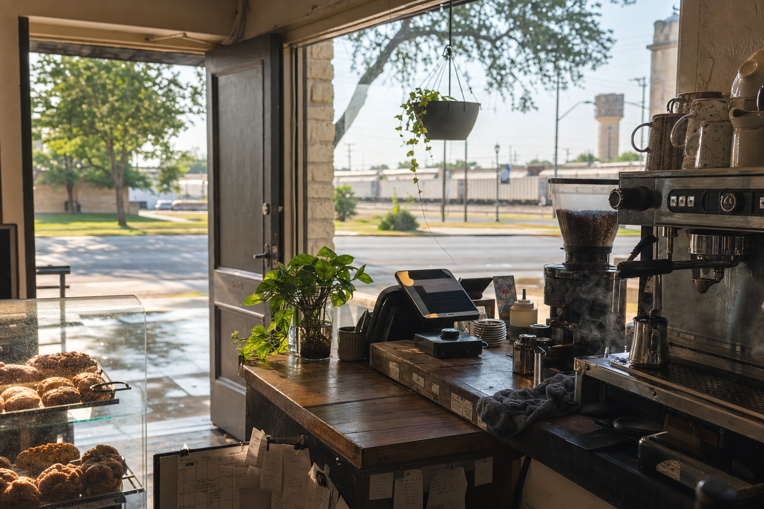 Independent Killeen coffee shop interior with Hill Country morning light, espresso machine in the corner