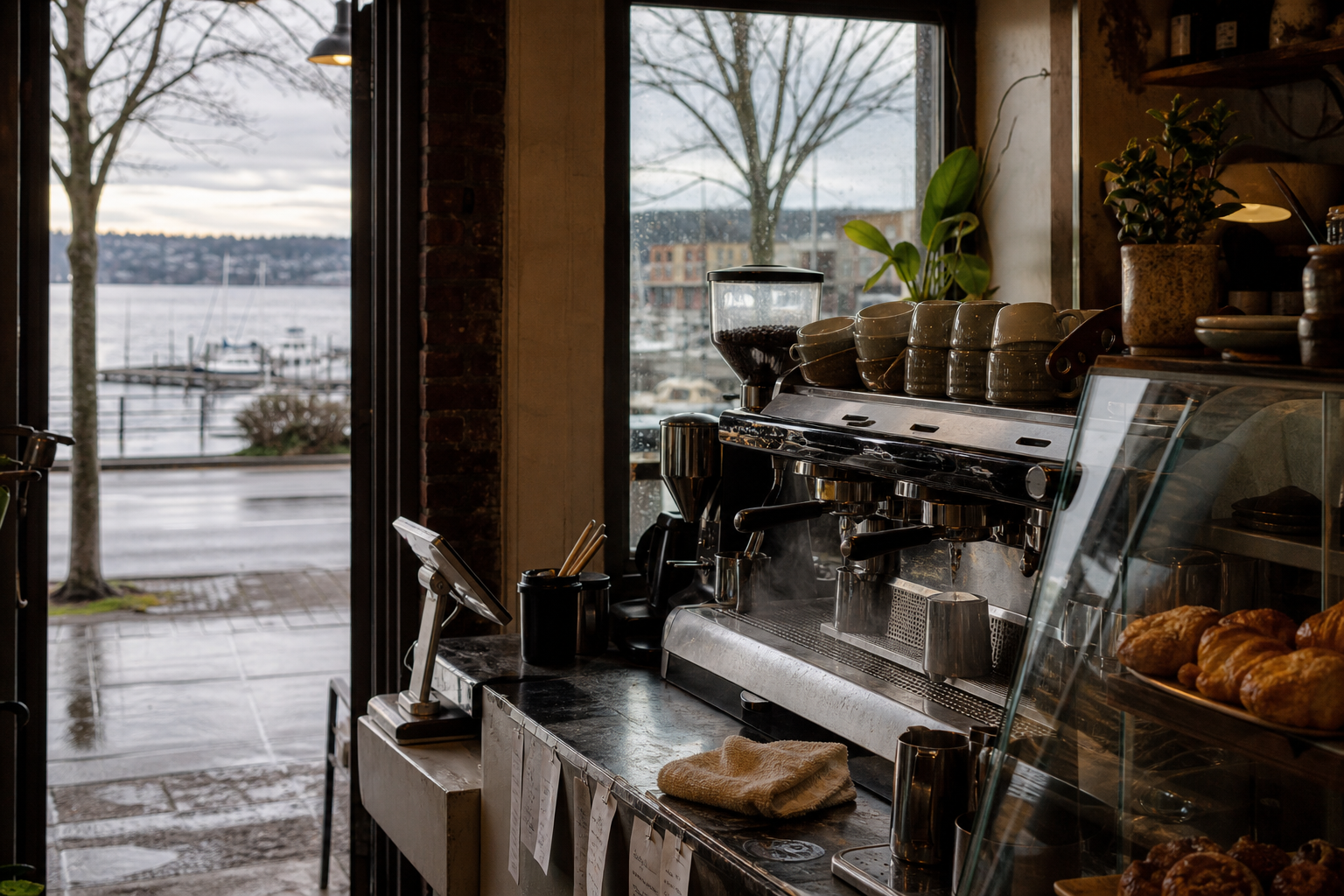 Independent Kirkland coffee shop interior with fog-filtered morning light, drip station in the foreground
