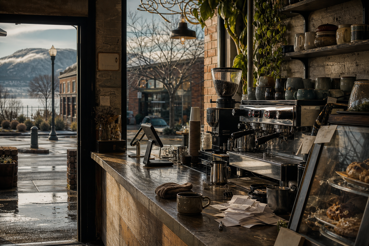 Independent Klamath Falls coffee shop interior with fog-filtered morning light, espresso machine in the middle distance
