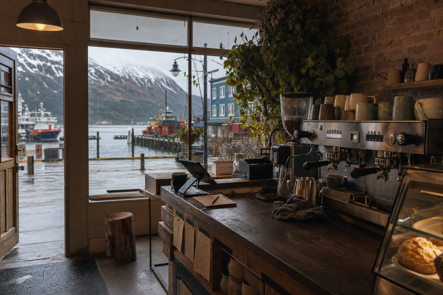 Independent Kodiak coffee shop interior with fog-filtered coastal morning light, drip station in the foreground