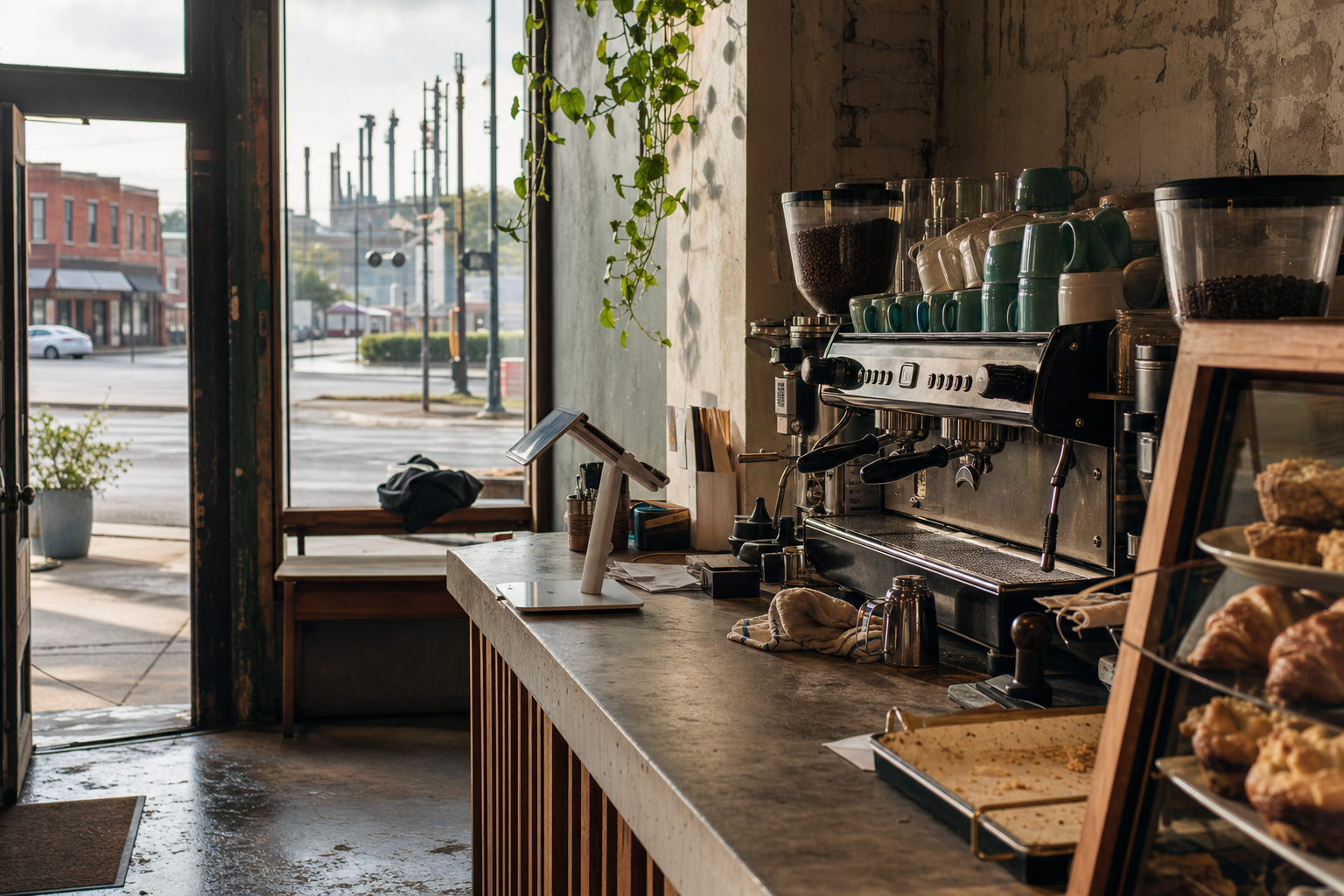 Independent Kokomo coffee shop interior with Midwest hardwood morning light, espresso machine in the corner