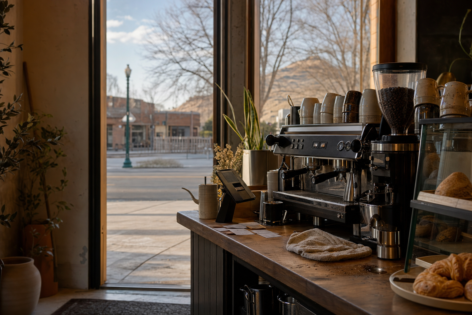 Independent Kuna coffee shop interior with high-desert morning light, drip station in the corner