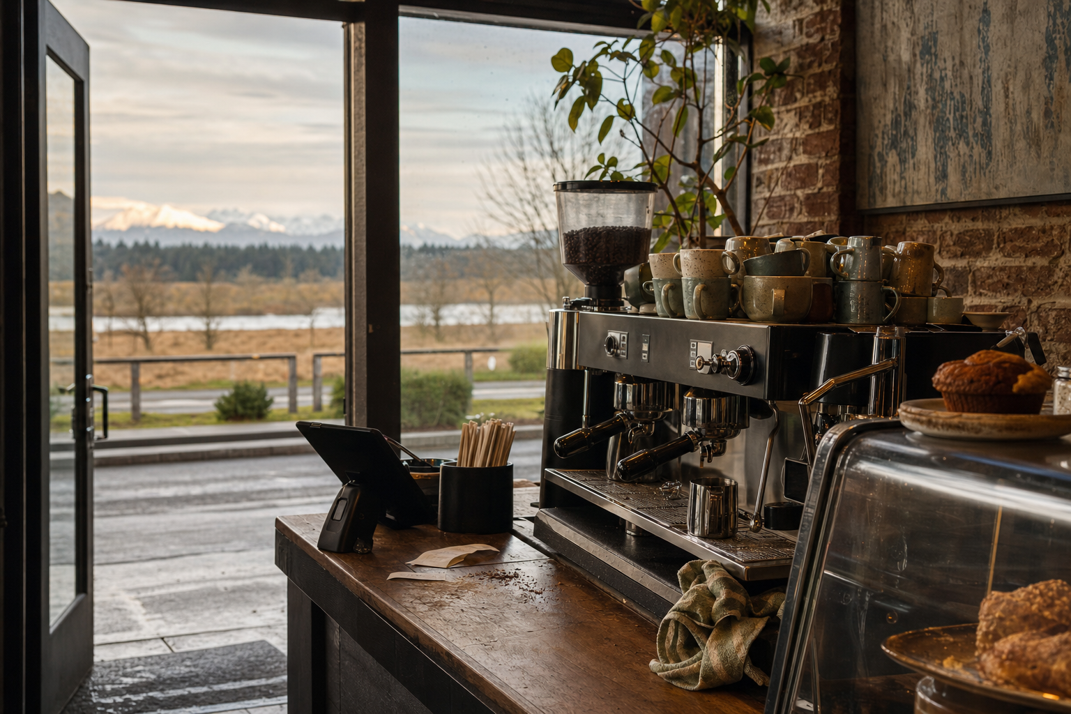 Independent Lacey coffee shop interior with fog-filtered morning light, pastry case in the corner