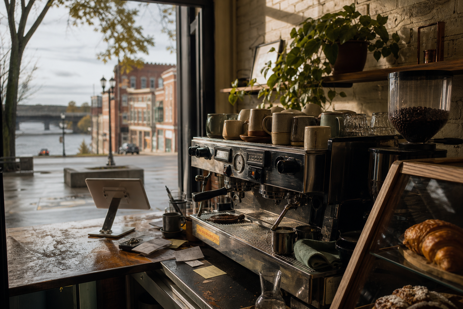 Independent Lafayette coffee shop interior with Midwest hardwood morning light, chemex pour-over in the foreground
