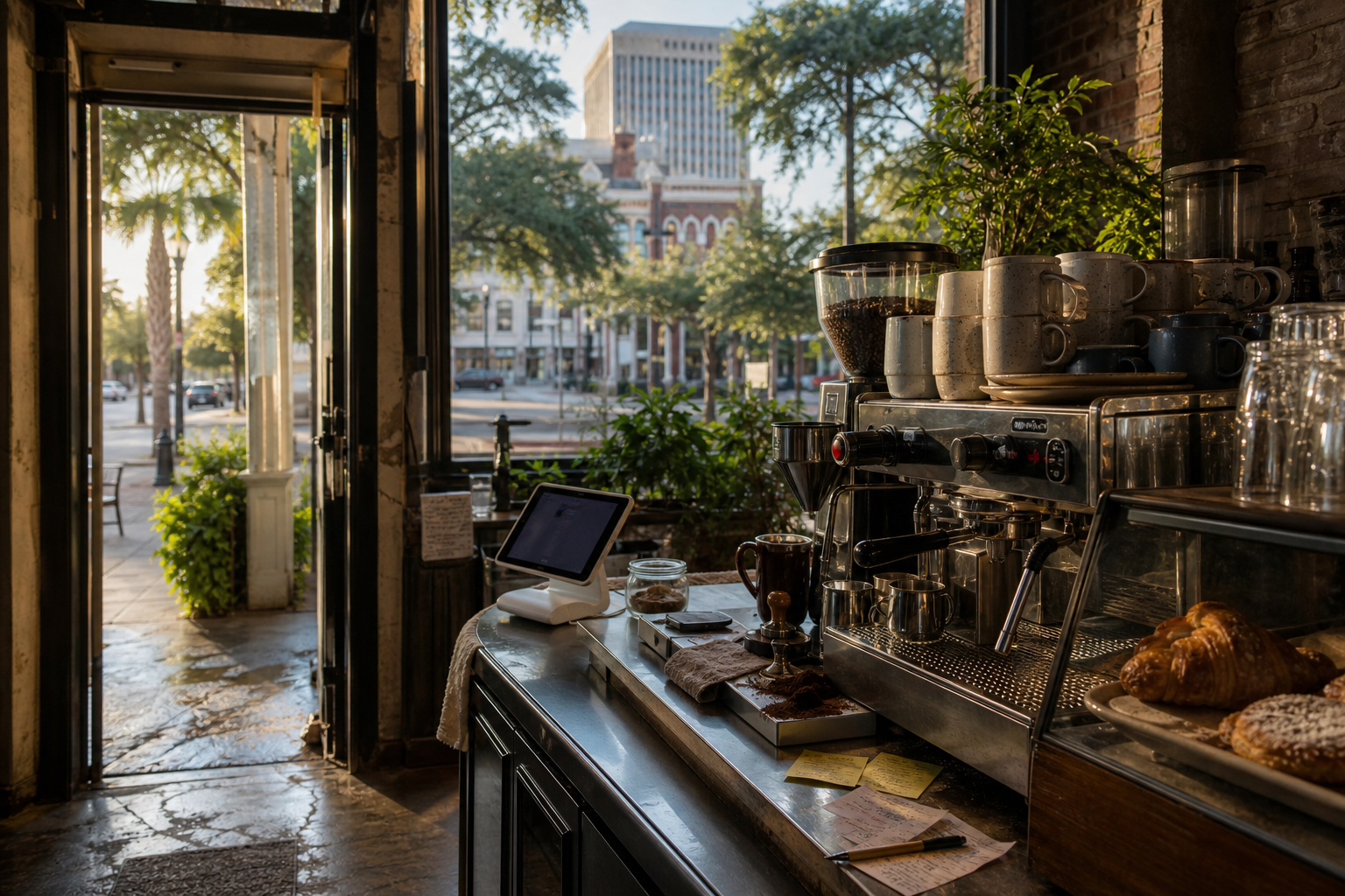 Independent Lafayette coffee shop interior with humid Gulf morning light, espresso machine in the corner