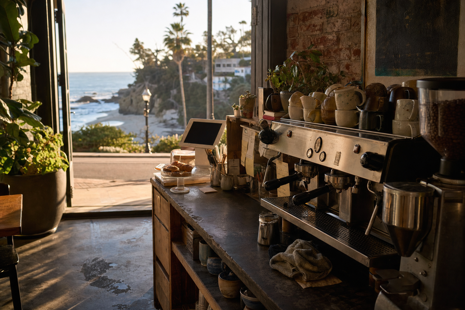 Independent Laguna Beach coffee shop interior with Pacific morning light, chemex pour-over in the corner