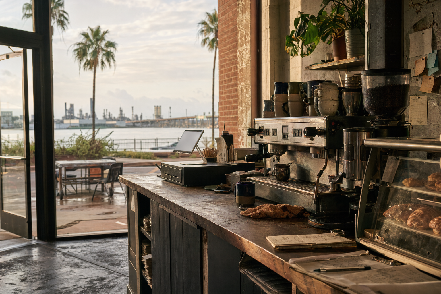 Independent Lake Charles coffee shop interior with humid Gulf morning light, espresso machine in the corner