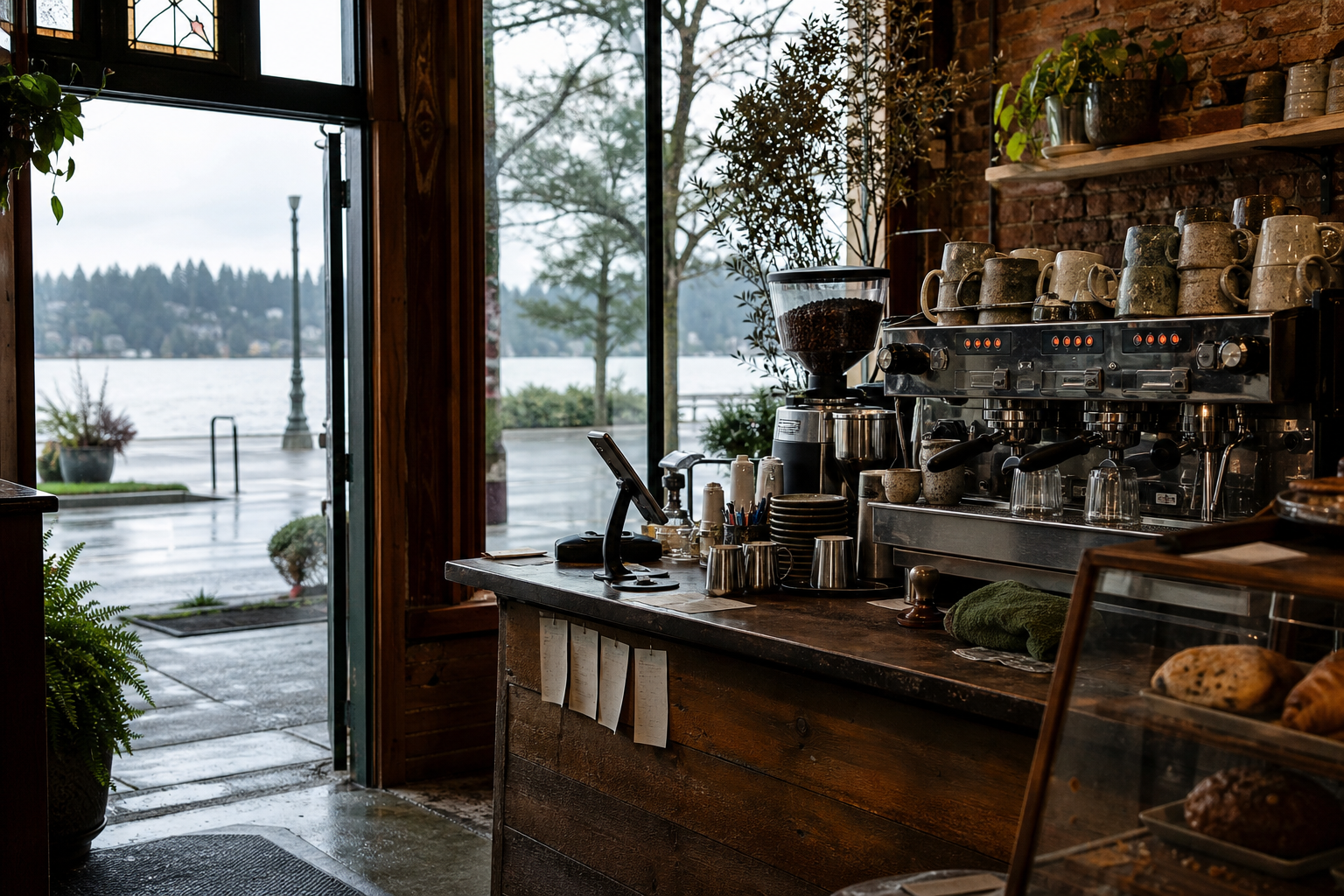 Independent Lake Oswego coffee shop interior with fog-filtered morning light, chemex pour-over in the middle distance