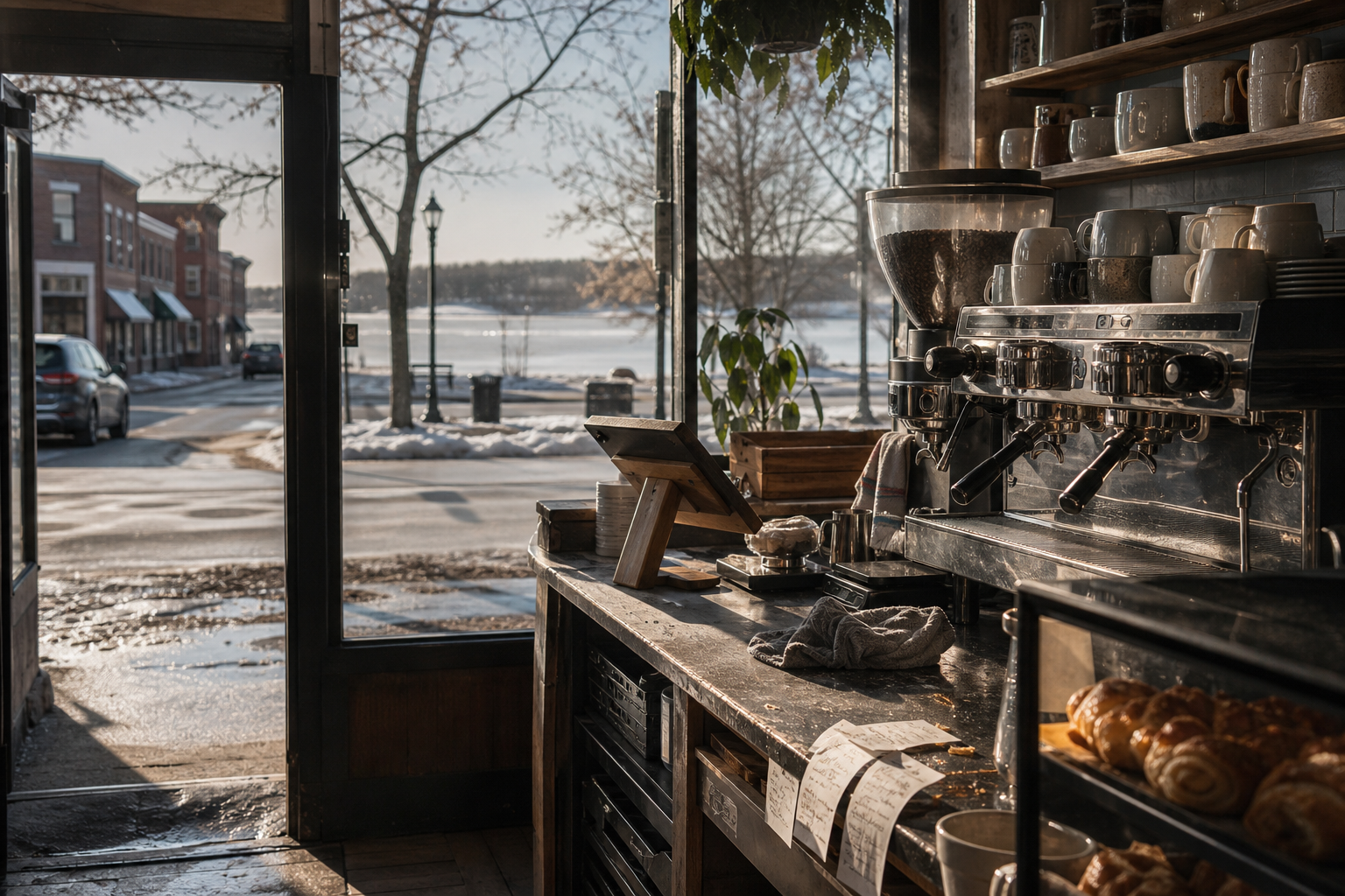 Independent Lakeville coffee shop interior with Midwest hardwood morning light, espresso machine in the foreground