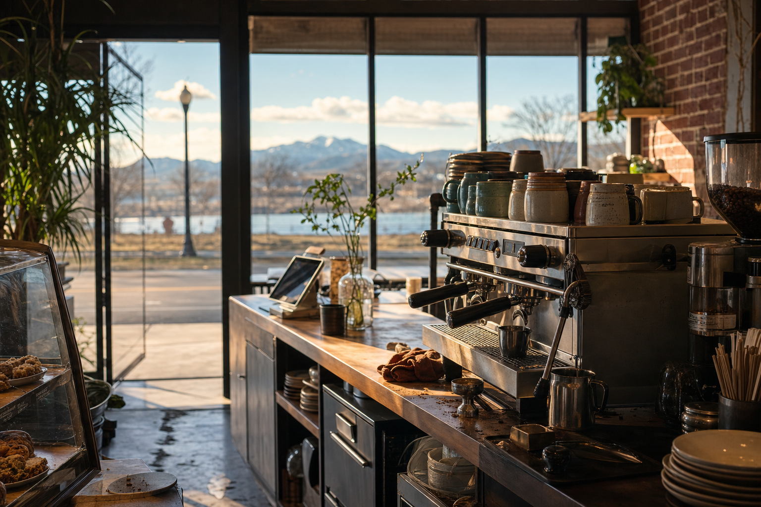 Independent Lakewood coffee shop interior with warm Front Range morning light, drip station in the corner