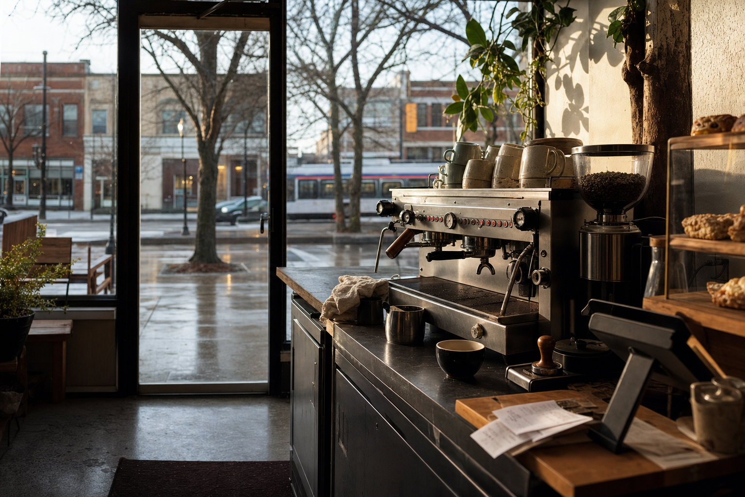 Independent Lakewood coffee shop interior with Midwest hardwood morning light, pastry case in the corner