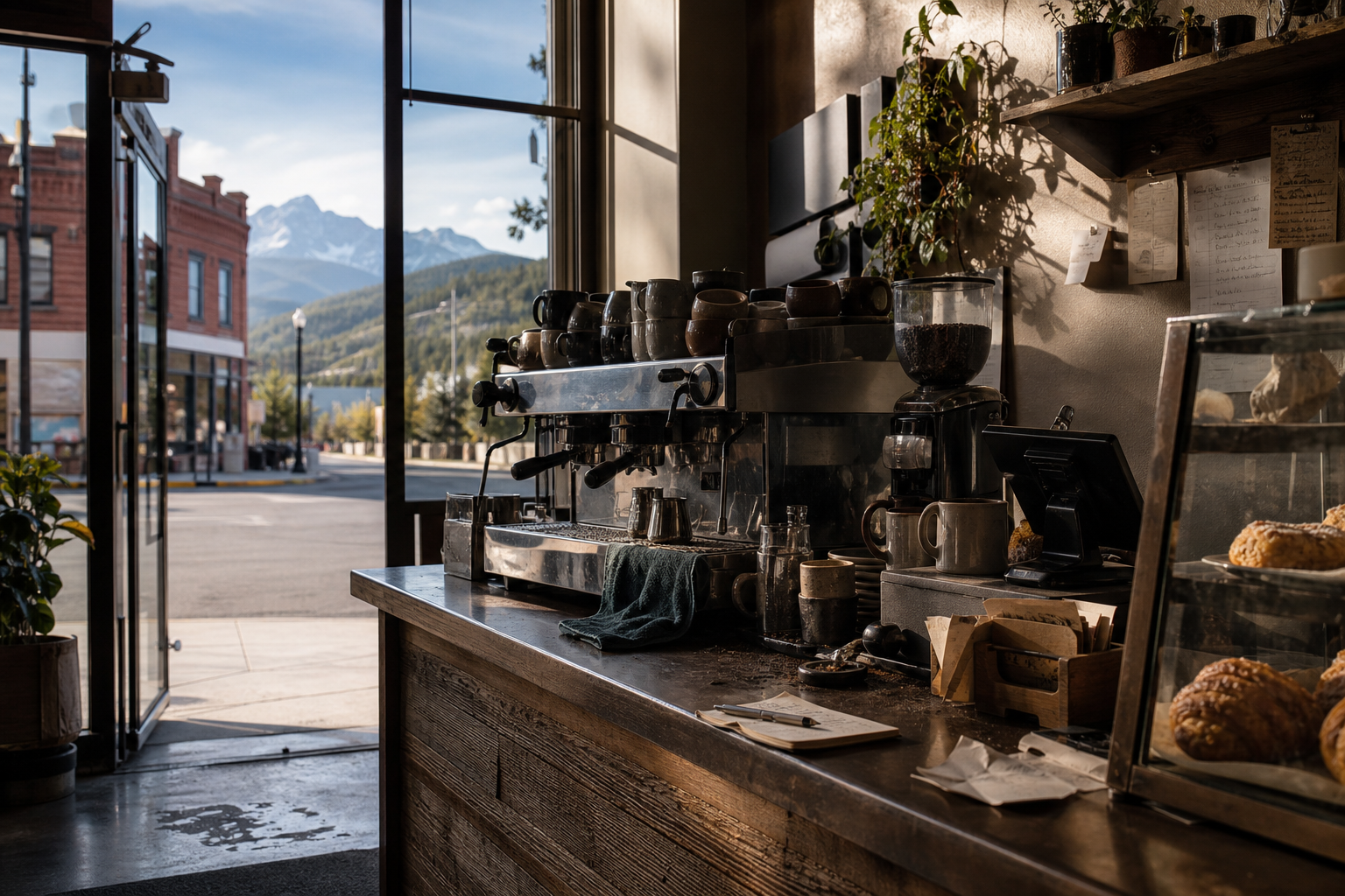 Independent Lander coffee shop interior with Rocky Mountain morning light, pastry case in the foreground