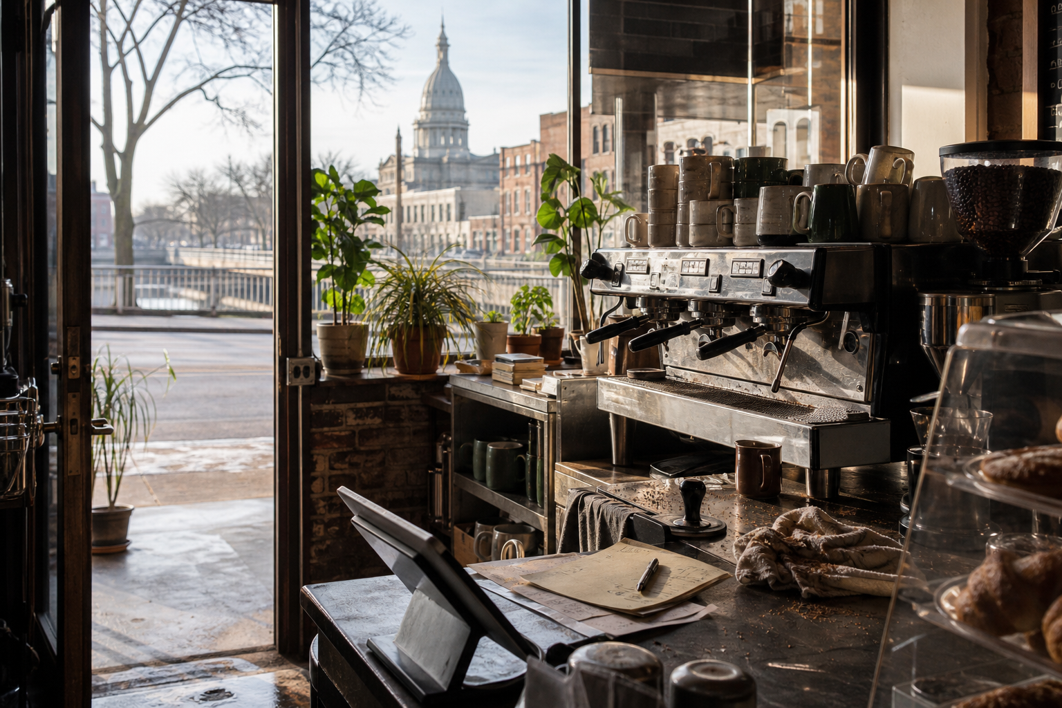 Independent Lansing coffee shop interior with Great Lakes morning light, drip station in the foreground