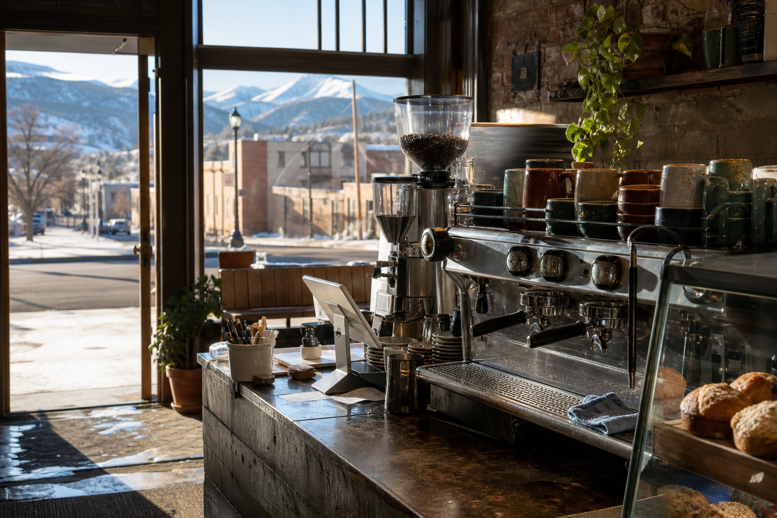 Independent Laramie coffee shop interior with Rocky Mountain morning light, drip station in the foreground