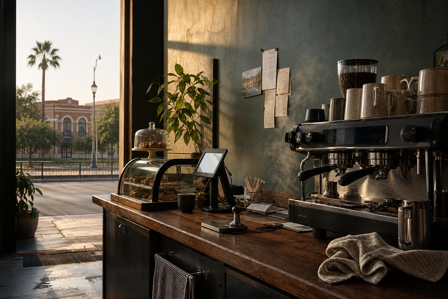 Independent Laredo coffee shop interior with Hill Country morning light, espresso machine in the middle distance