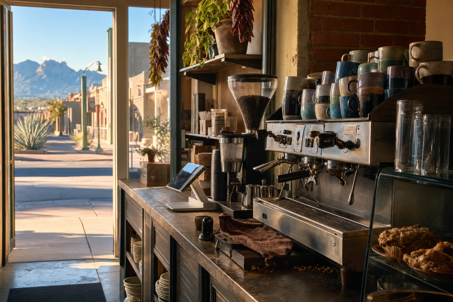Independent Las Cruces coffee shop interior with warm desert morning light, pastry case in the middle distance