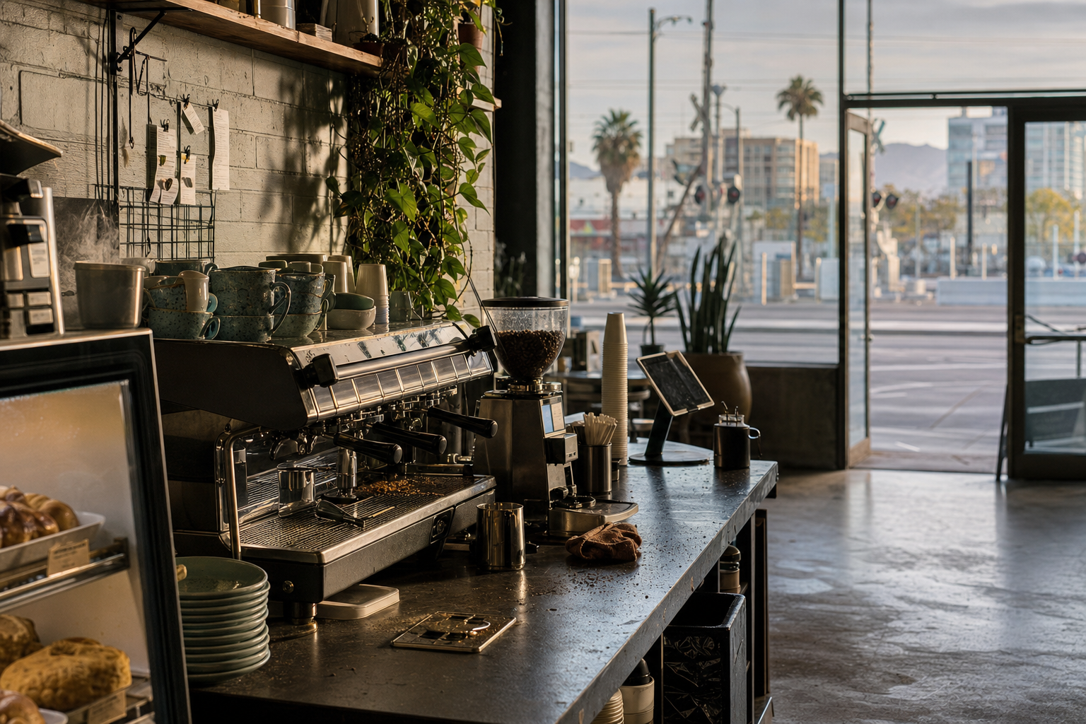 Independent Las Vegas coffee shop interior with warm desert morning light, espresso machine in the foreground