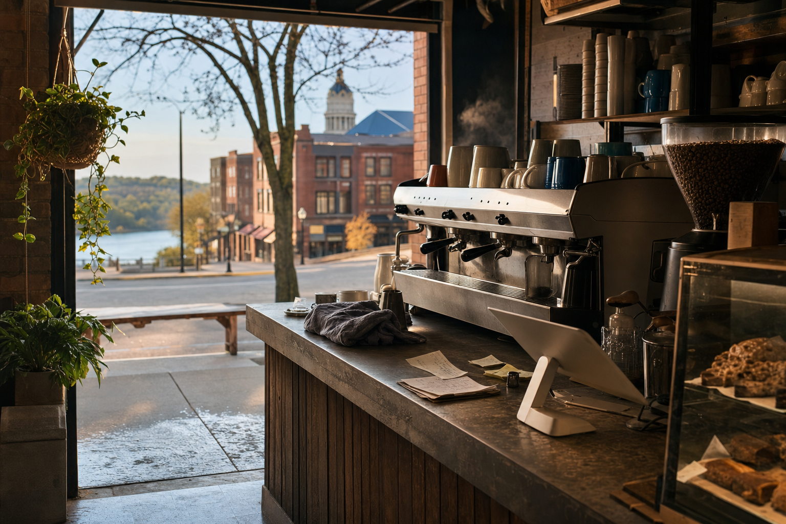 Independent Lawrence coffee shop interior with prairie morning light, espresso machine in the foreground