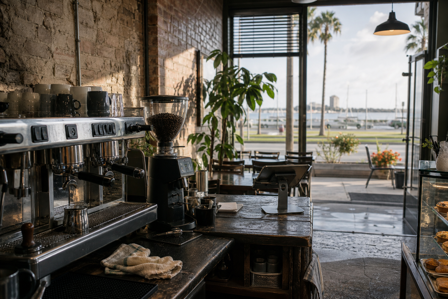 Independent League City coffee shop interior with Hill Country morning light, pastry case in the corner