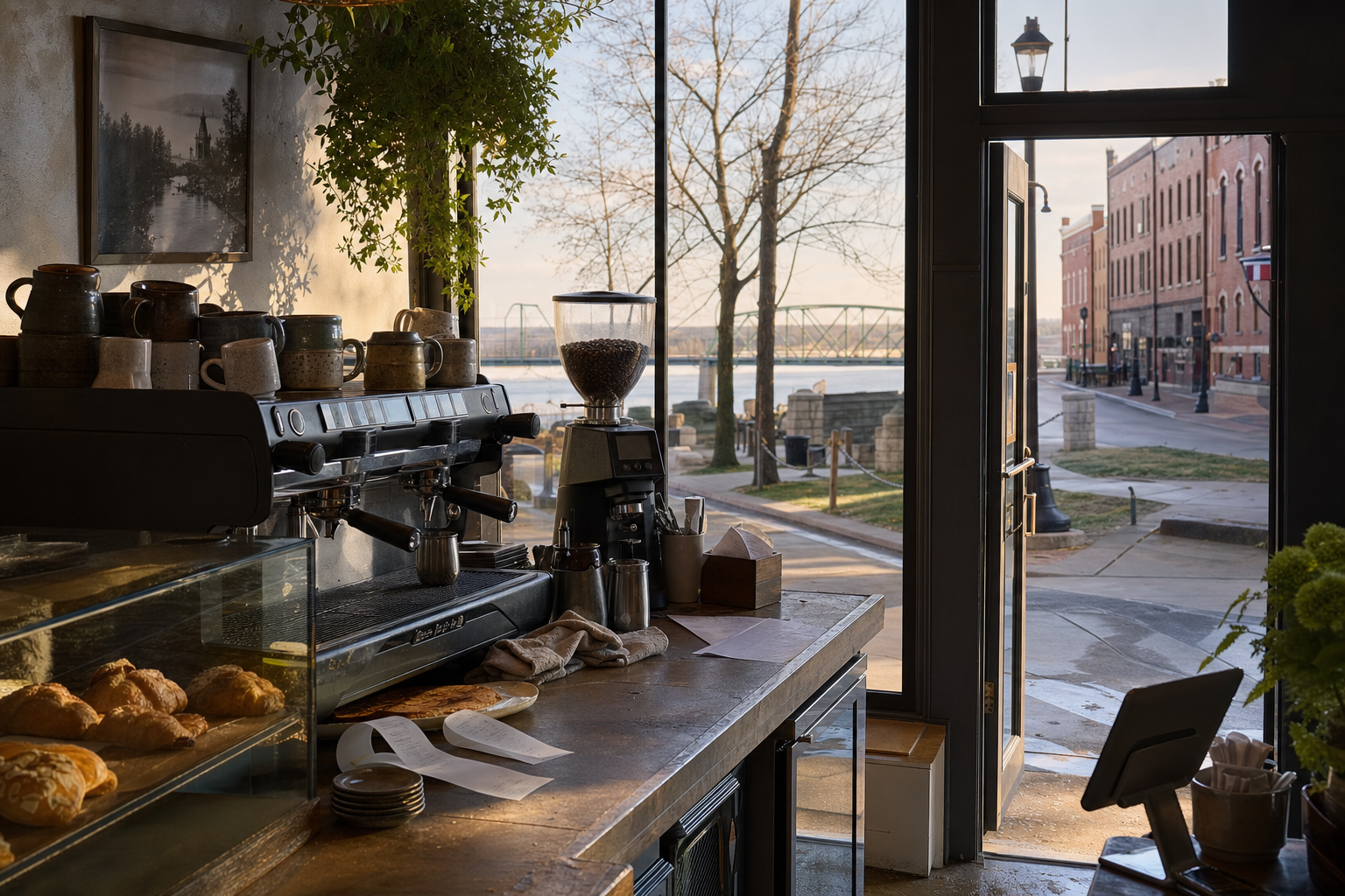 Independent Leavenworth coffee shop interior with prairie morning light, espresso machine in the corner