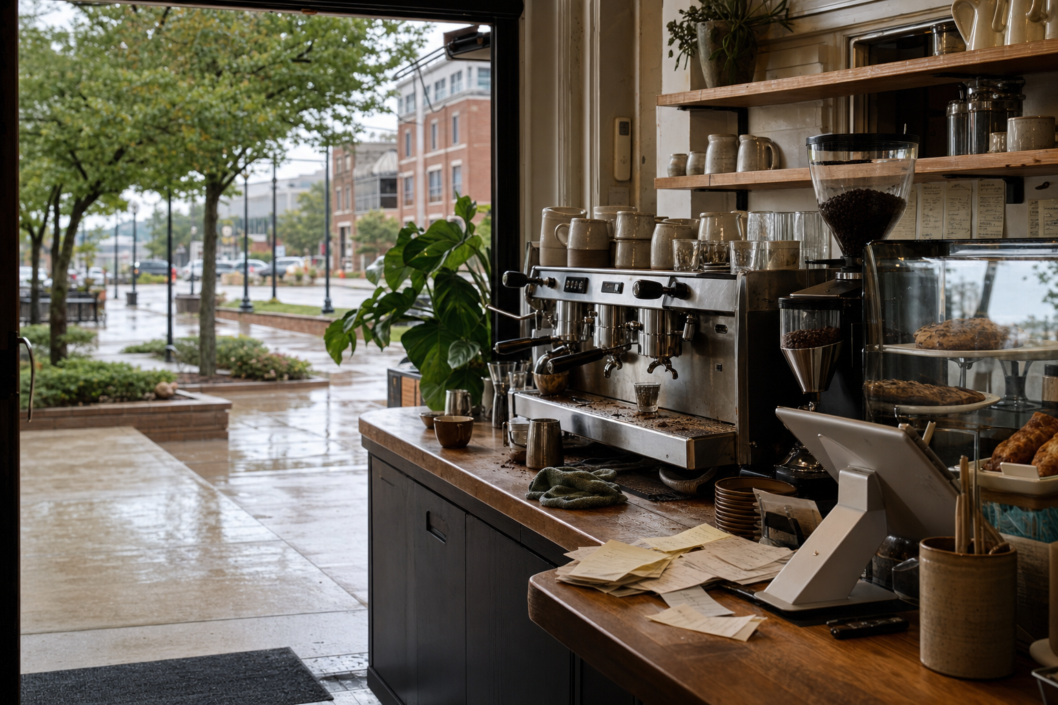 Independent Leawood coffee shop interior with prairie morning light, pastry case in the foreground