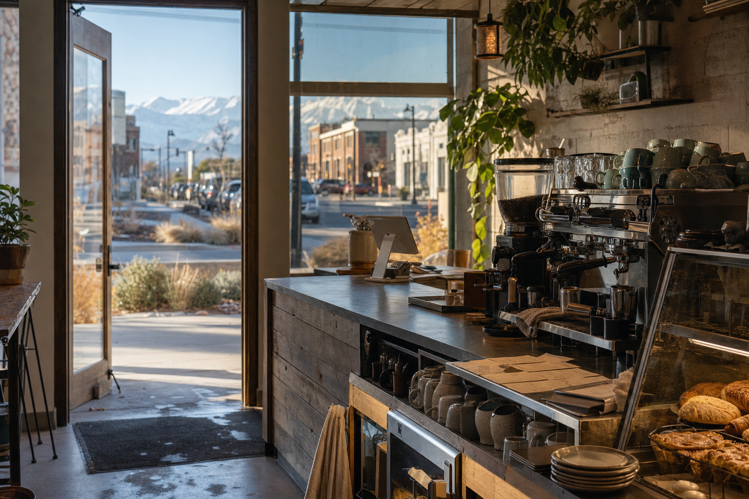 Lehi coffee shop interior with UT morning light around the espresso bar.
