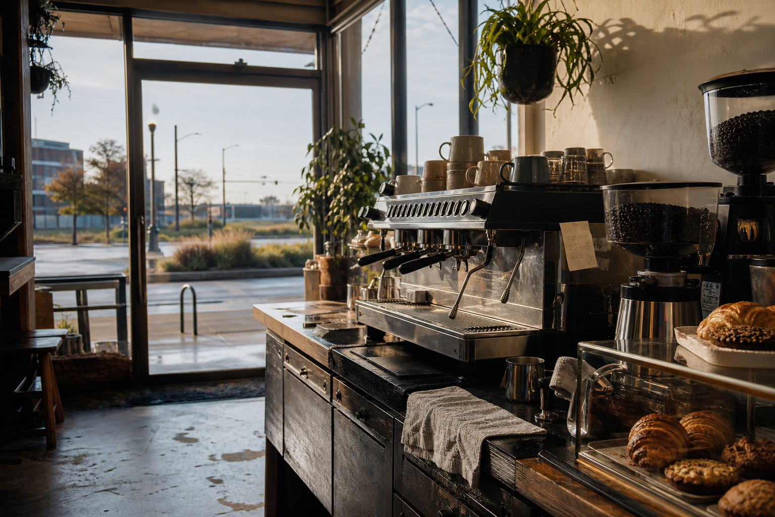 Independent Lenexa coffee shop interior with prairie morning light, chemex pour-over in the foreground