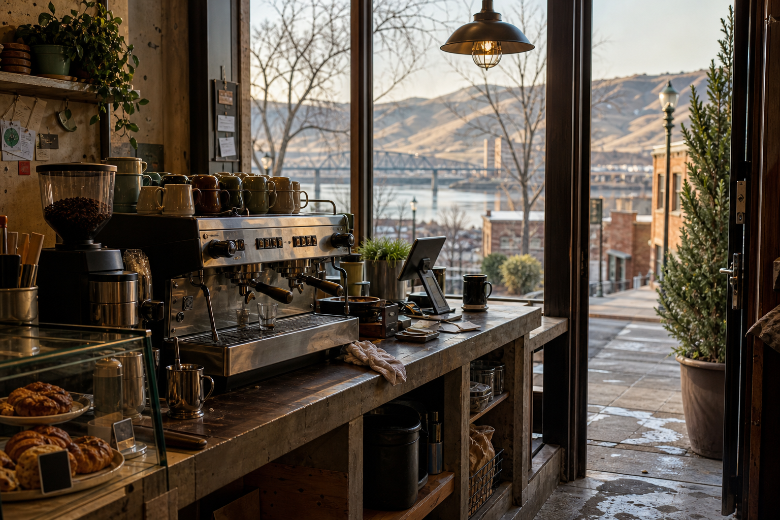 Independent Lewiston coffee shop interior with high-desert morning light, chemex pour-over in the foreground