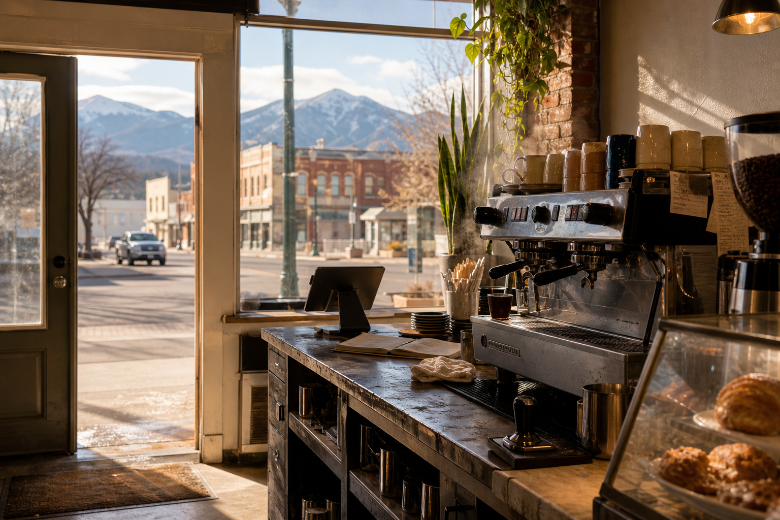 Independent Lewistown coffee shop interior with Rocky Mountain morning light, espresso machine in the middle distance