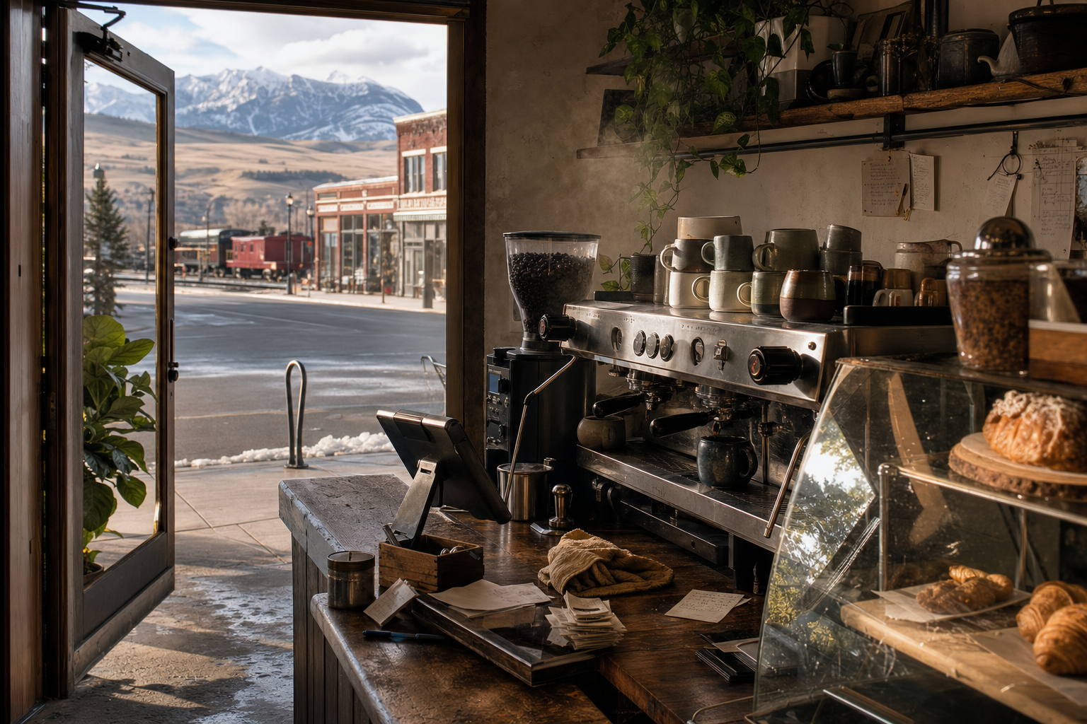 Independent Livingston coffee shop interior with Rocky Mountain morning light, chemex pour-over in the middle distance