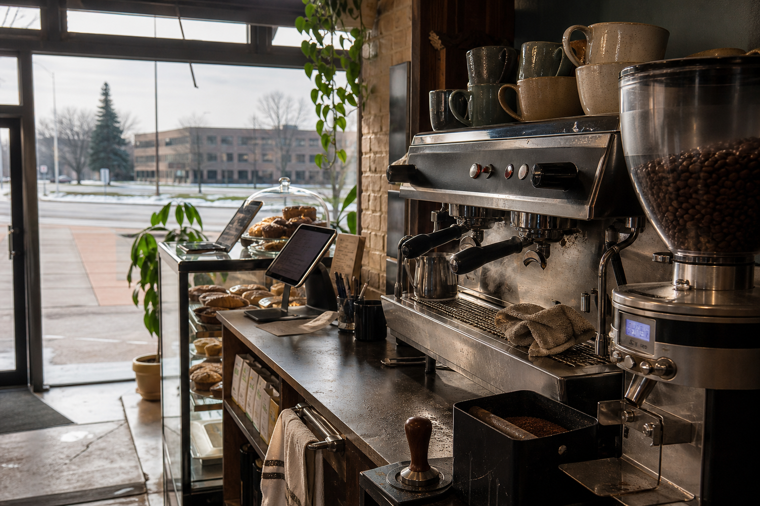 Independent Livonia coffee shop interior with Great Lakes morning light, chemex pour-over in the middle distance