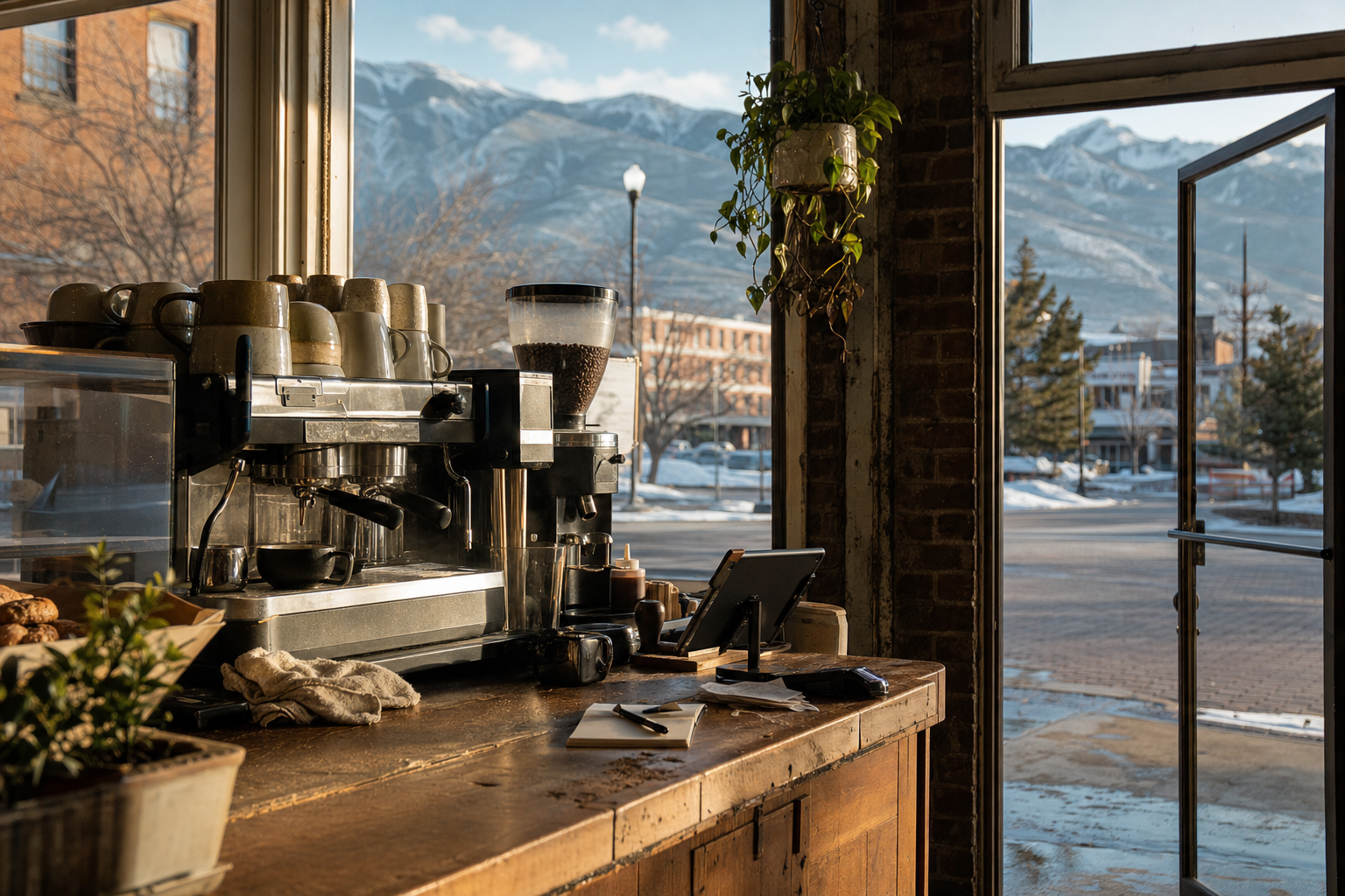 Independent Logan coffee shop interior with warm desert morning light, drip station in the middle distance