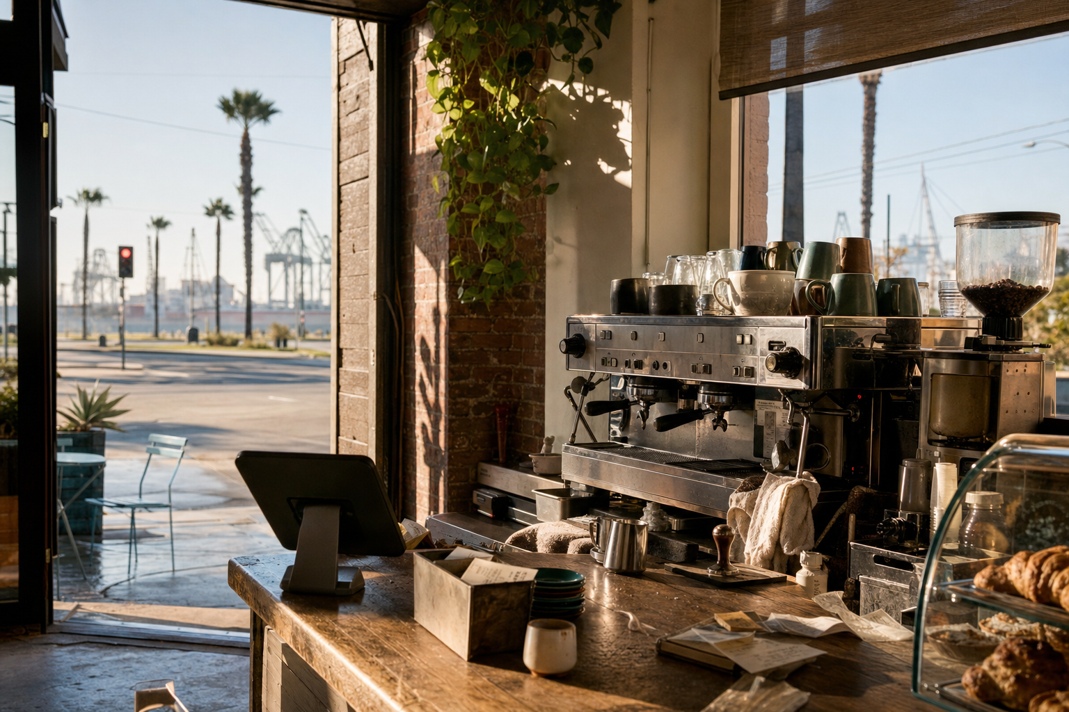Independent Long Beach coffee shop interior with Pacific morning light, espresso machine in the middle distance