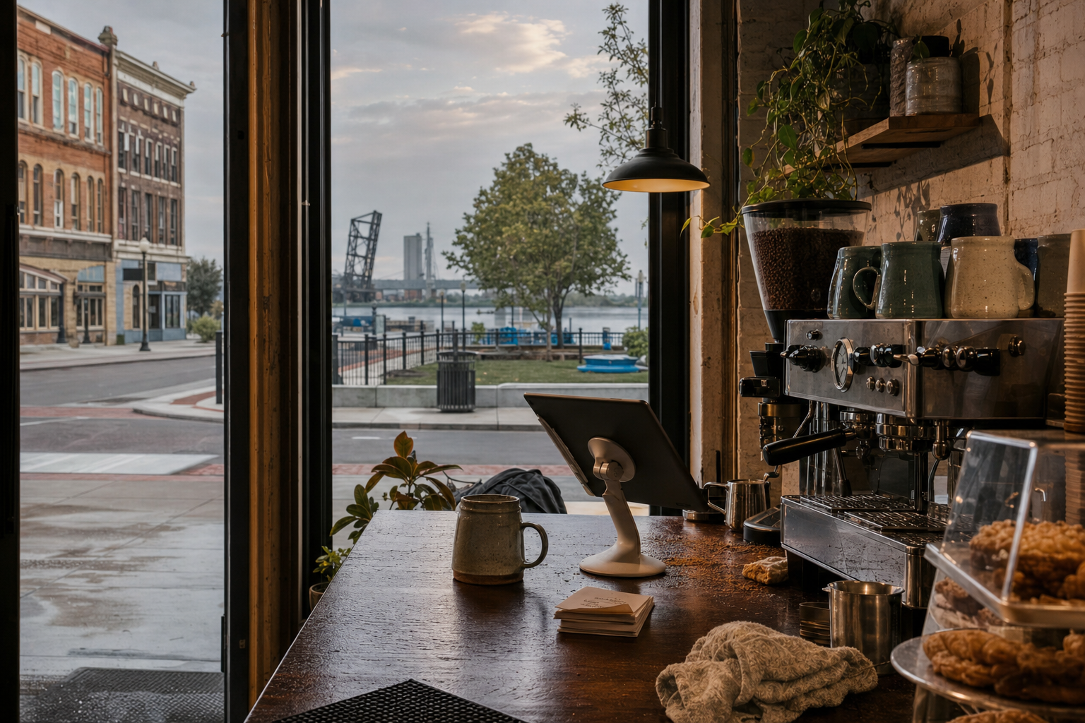 Independent Lorain coffee shop interior with Midwest hardwood morning light, drip station in the corner