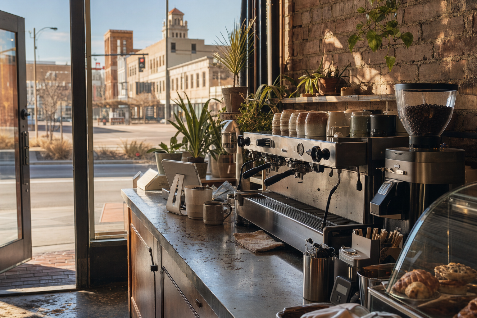 Independent Lubbock coffee shop interior with Hill Country morning light, chemex pour-over in the middle distance